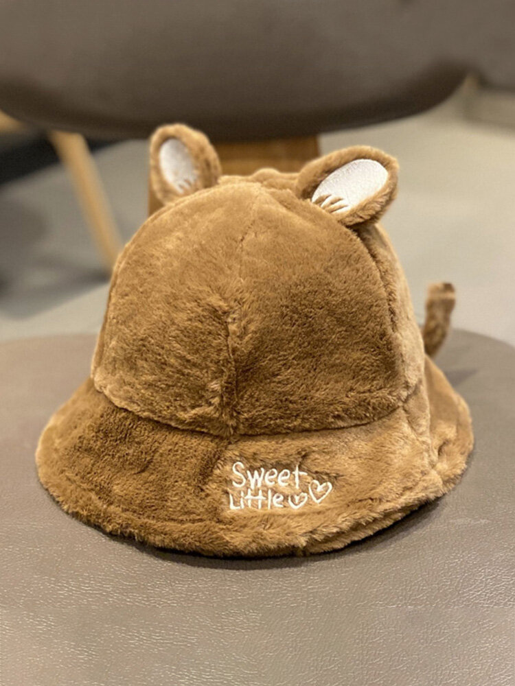 Women Plush Letter Love Embroidery Cartoon Ears Little Tail Decoration Warmth Lovely Bucket Hat