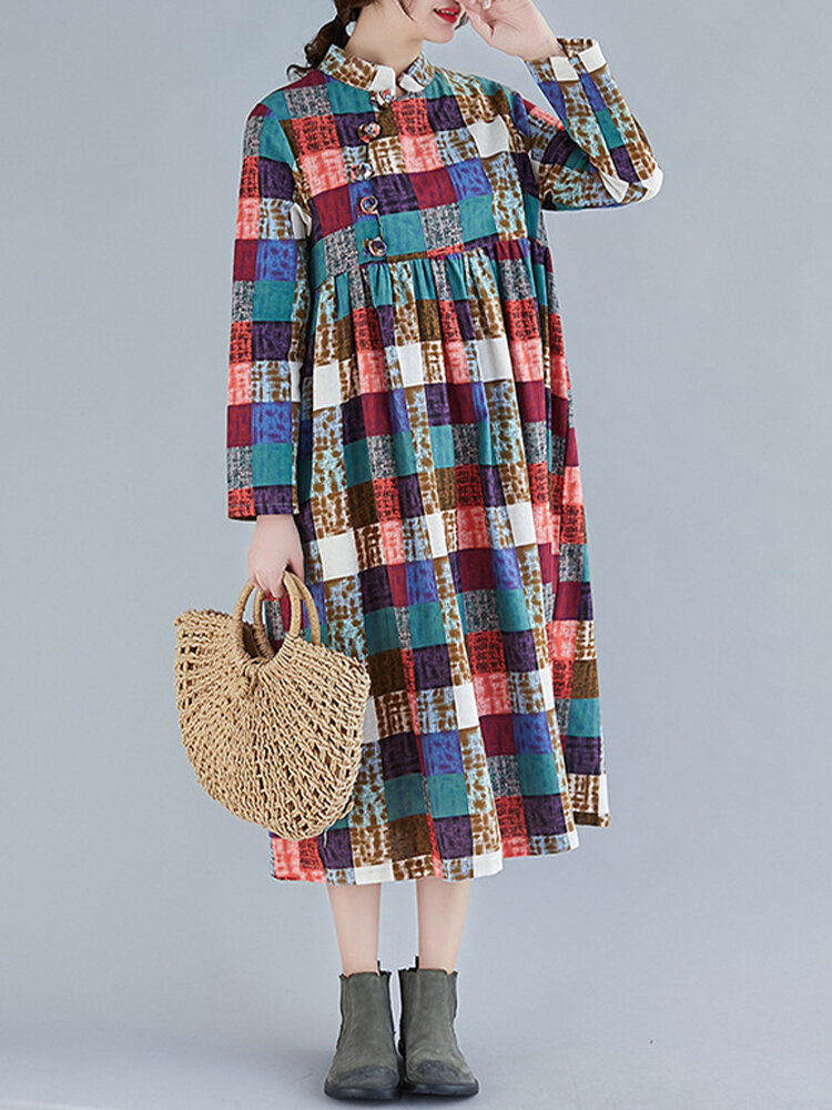 Multicolor Plaid Print Long Sleeve Vintage Dress For Women