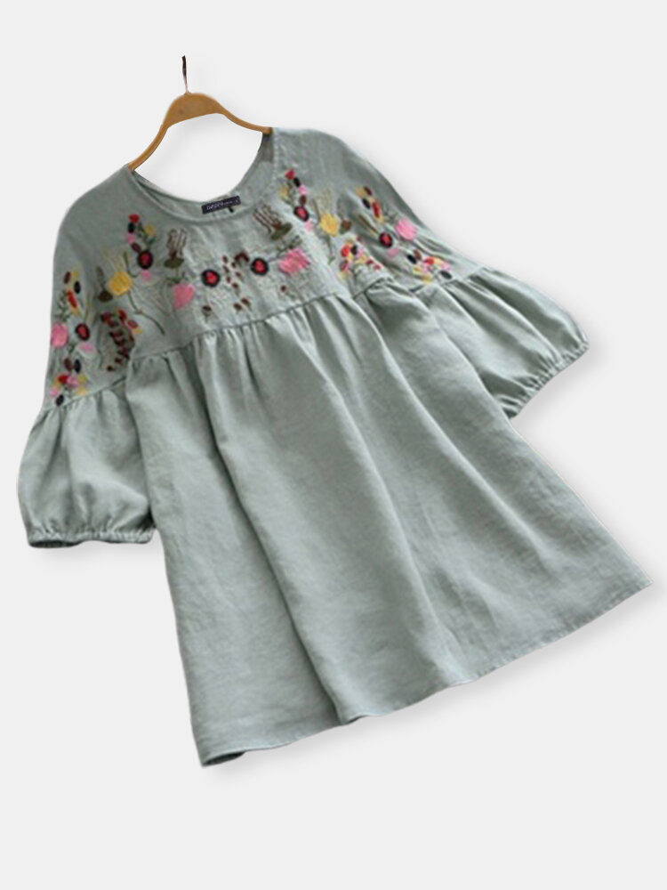 Embroidery Bubble Sleeve Vintage Plus Size Blouse