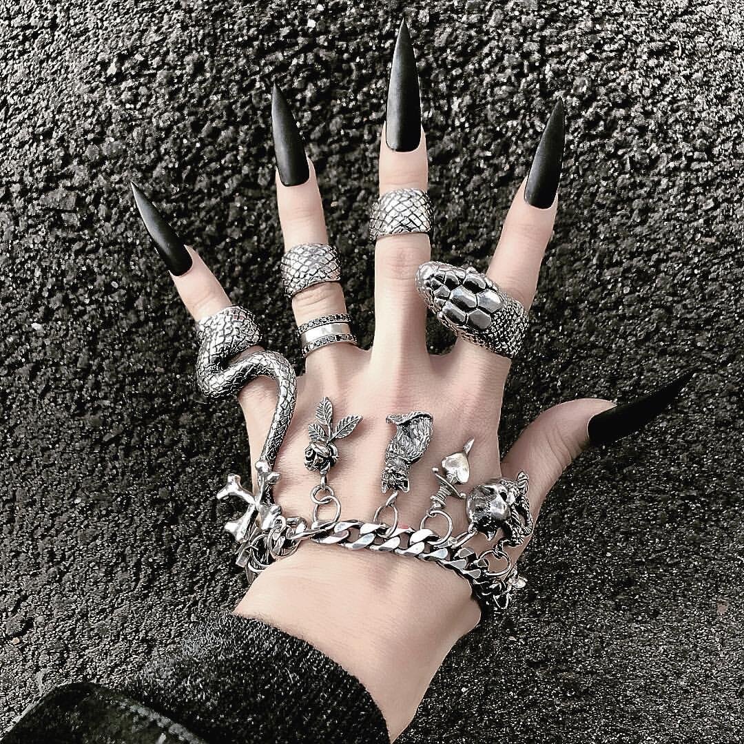 

Vintage Heavy Metal Dark Python Split Ring Punk Geometric Stereoscopic Animal Ring Set, Silver