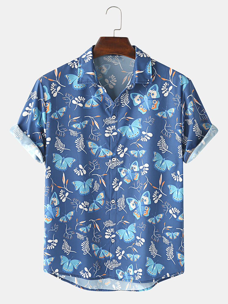 Mens Allover Butterfly Print Light Casual Short Sleeve Shirts