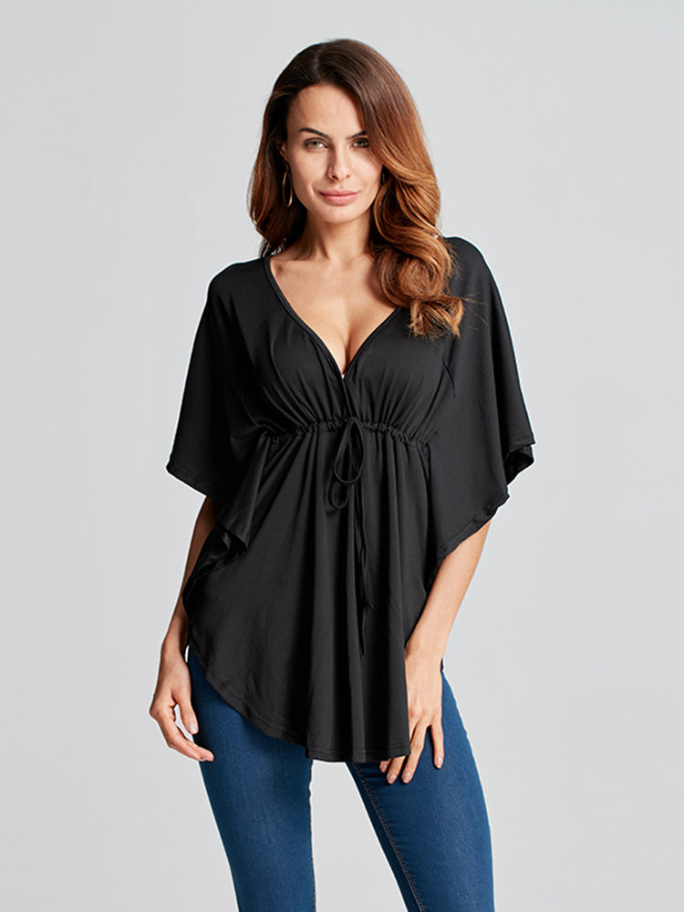 

Sexy Women Deep V Neck Drawstring Batwing Sleeve Solid Blouse, Army green;wine red;blue;gray;coffee;black