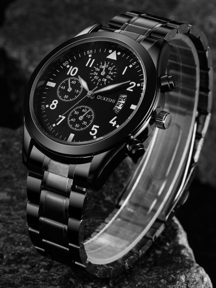 Black Men Stainless Steel Business Casual Watch Waterproof Decorated Pointer Calendar Quartz Watch