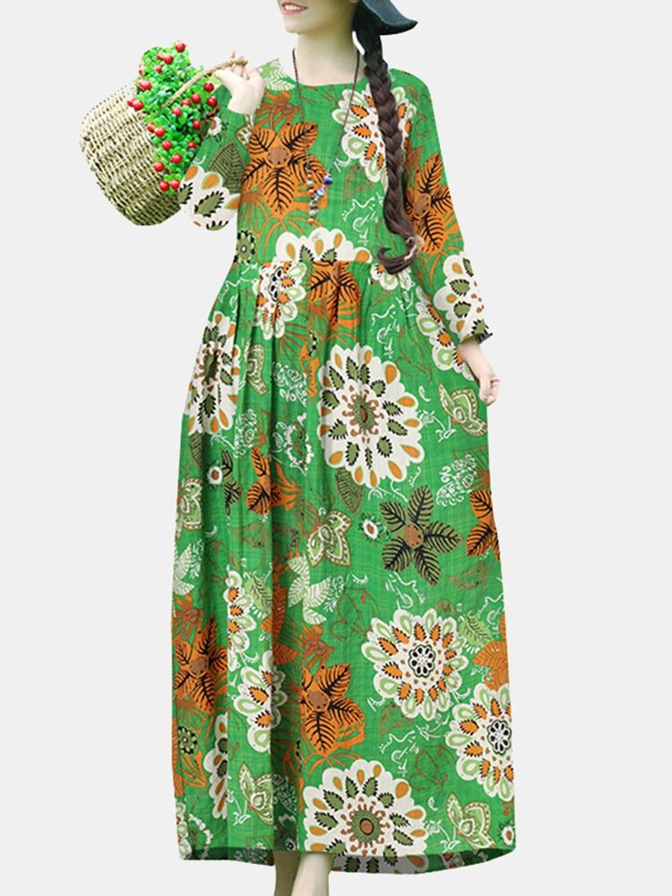 Women Flower Print Maxi Long Sleeve O-neck Vintage Dress