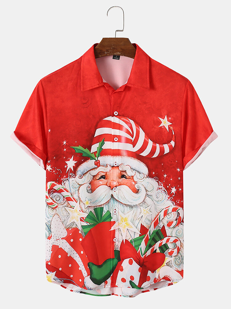 Mens Allover Christmas Santa Claus Printed Lapel Short Sleeve Shirts
