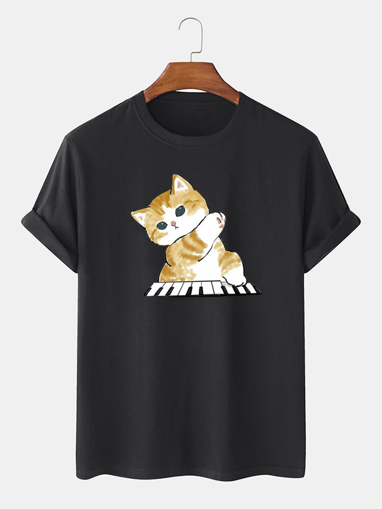 Camisetas masculinas Cartoon Cat com gola redonda casual de manga curta