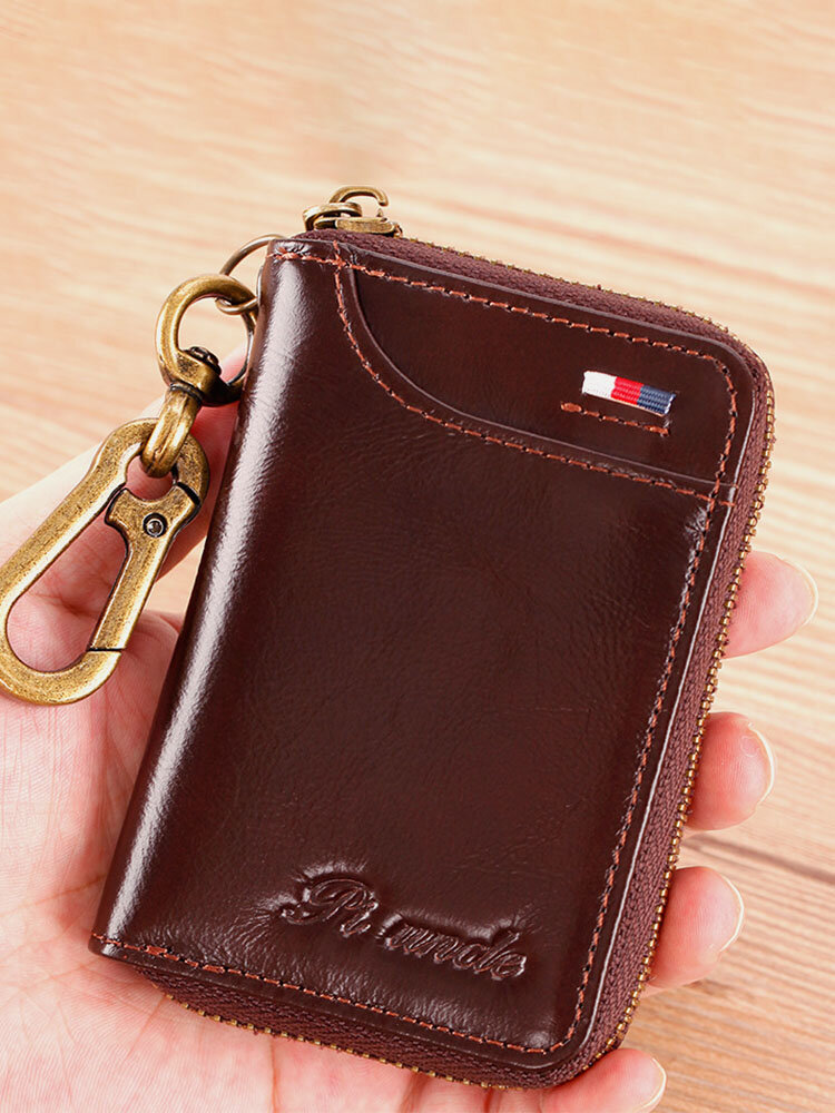 Men Vintage Genuine Leather Solid Multifunction RFID Wallet Keychain Wallet