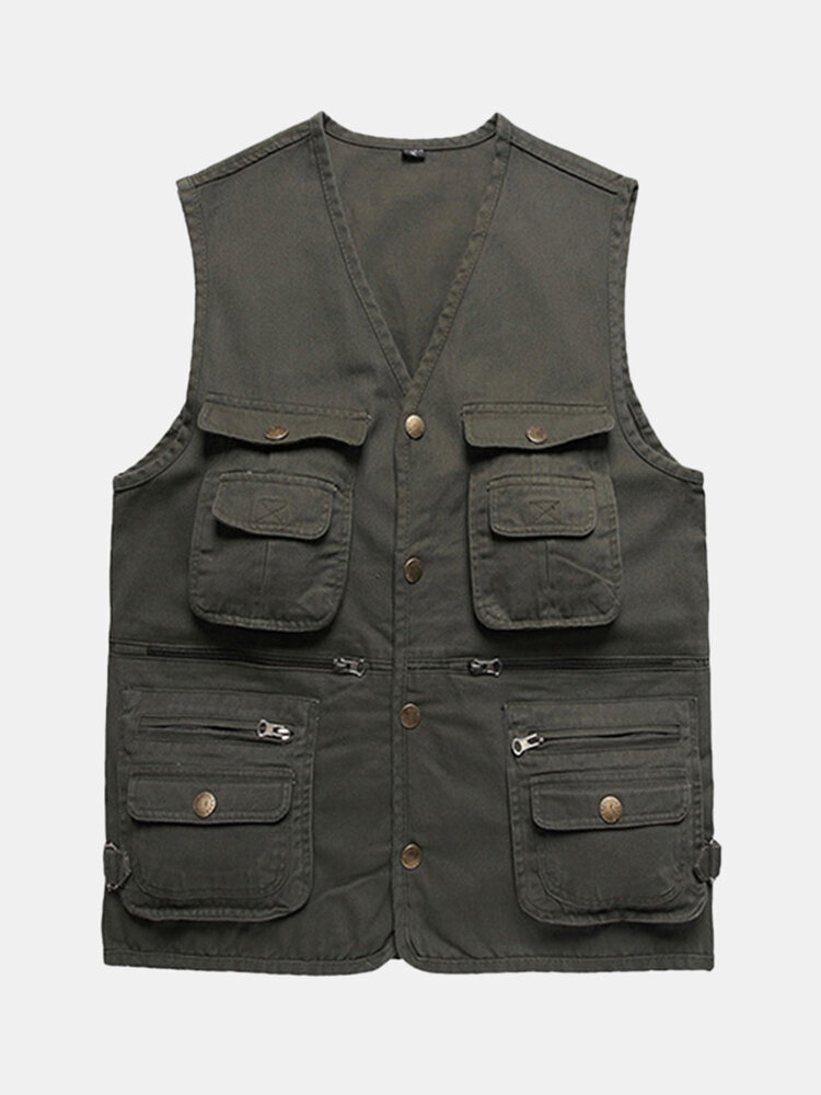 

Spring Fall Muti-pocket Fishing Vest Casual Outdoor Cotton Waistcoat For Men, Beige;army green