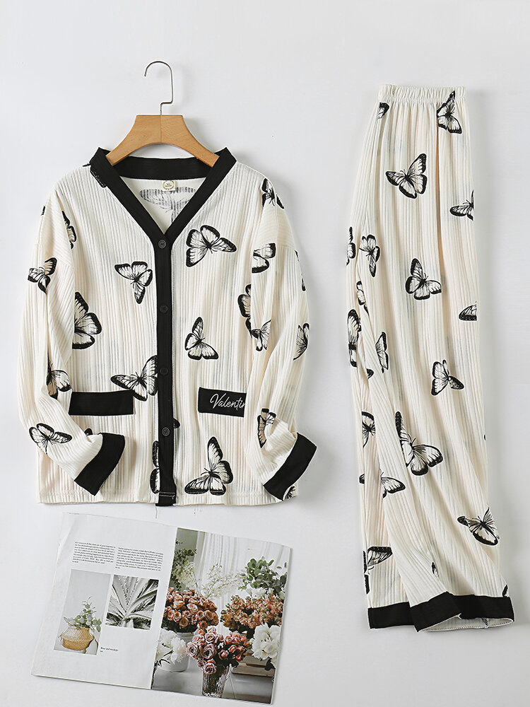 Plus Size Damen Pyjama-Sets aus Baumwolle mit V-Ausschnitt und geripptem V-Ausschnitt mit Schmetterlingsmuster