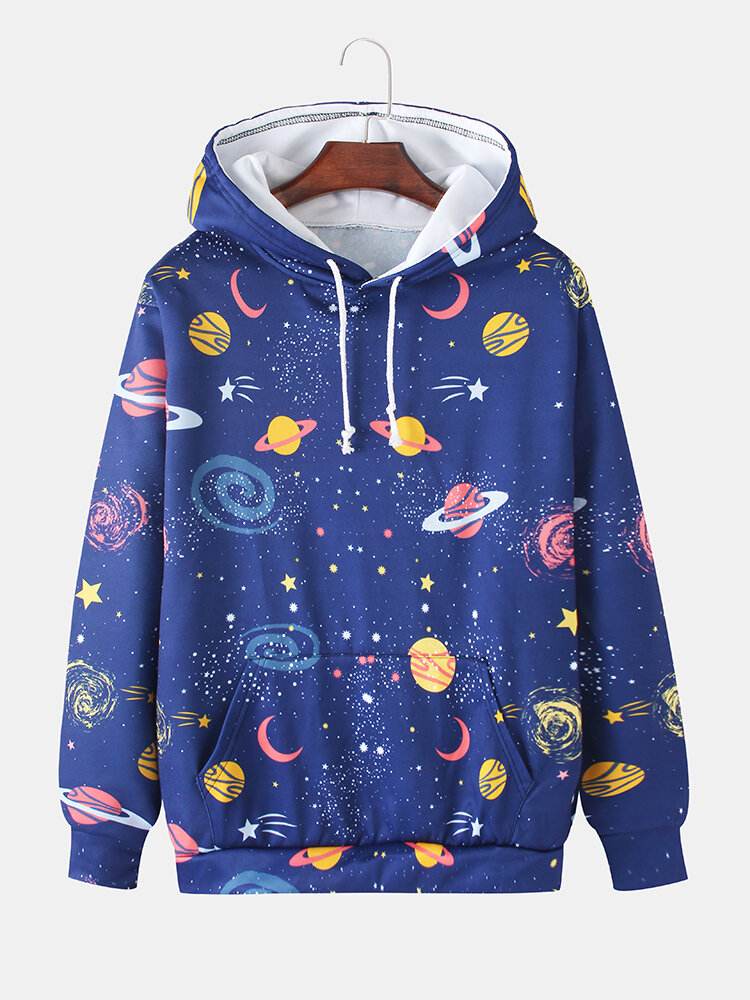 Mens Allover Space Pattern Print Loose Daily Drawstring Hoodies With Muff Pocket