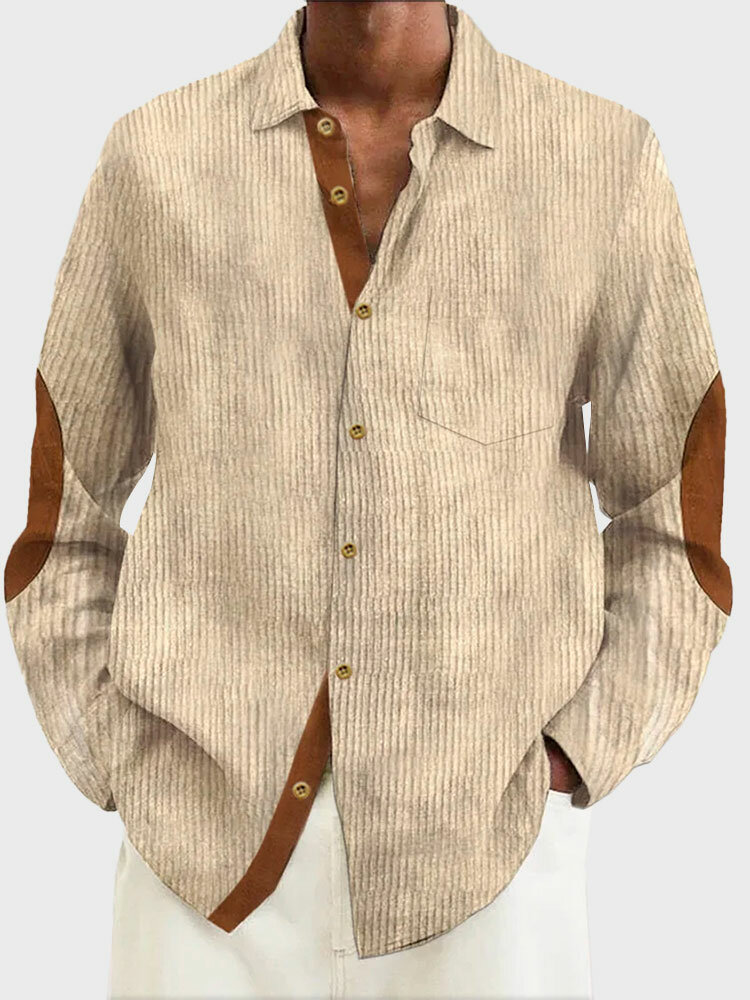 

Mens Contrast Patchwork Lapel Corduroy Long Sleeve Shirts Winter, Khaki