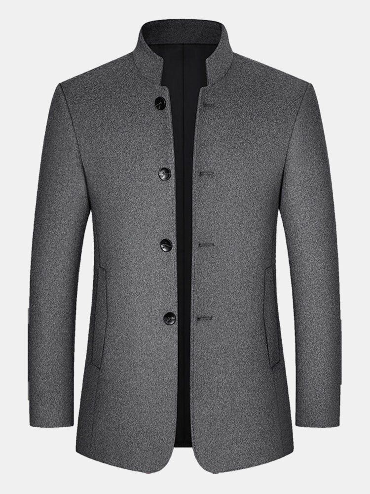 Mens Pure Color Stand Collar Single Breasted Warm Woolen Overcoats