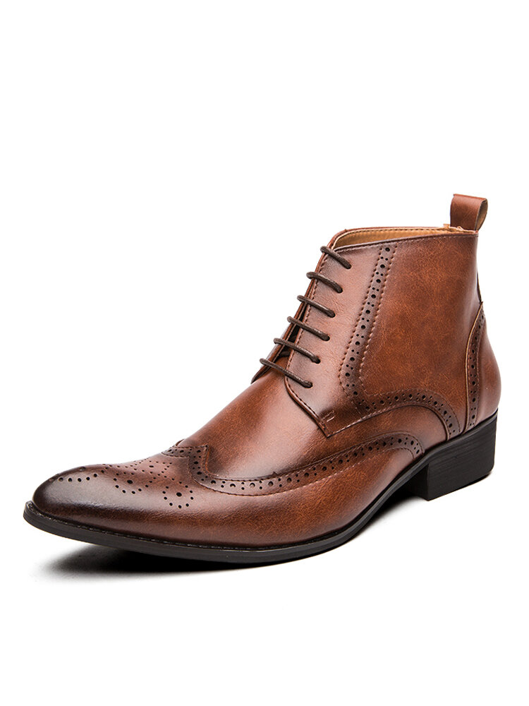 Men Vintage Brogue Pointed Toe Lace Up Business Dress Boots