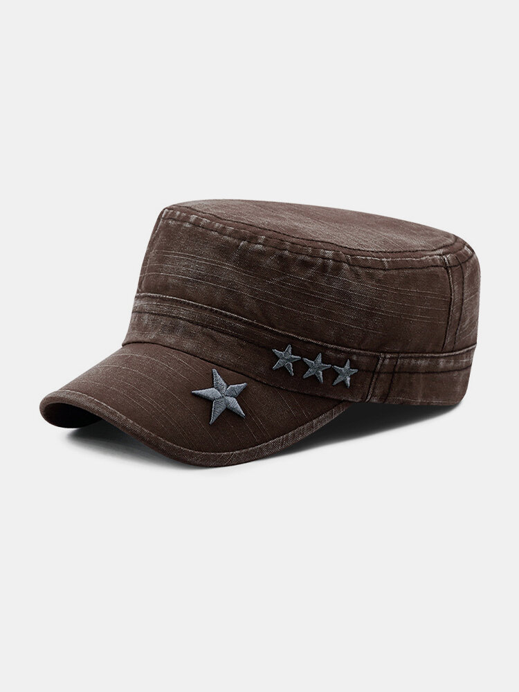 

Men Made-old Denim Stars Embroidery Pattern Breathable Sunvisor Military Hat Flat Hat, Black;coffee;blue;gray