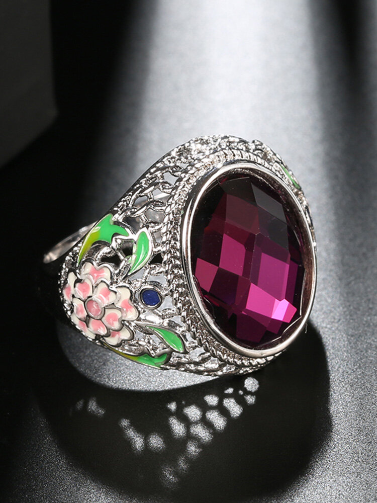 Vintage Geometric Oval Purple Crystal Ring Metal Hollow Carved Floral Gem Ring