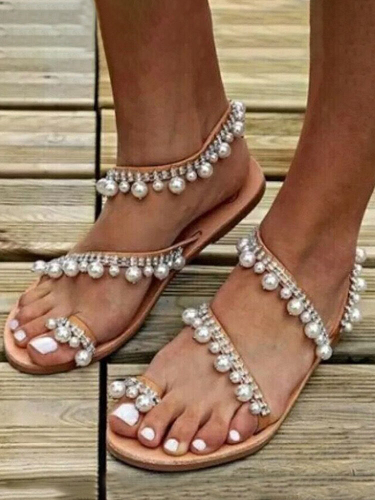Women Large Size Faux Pearl Decor Strappy Fashion Sandals
