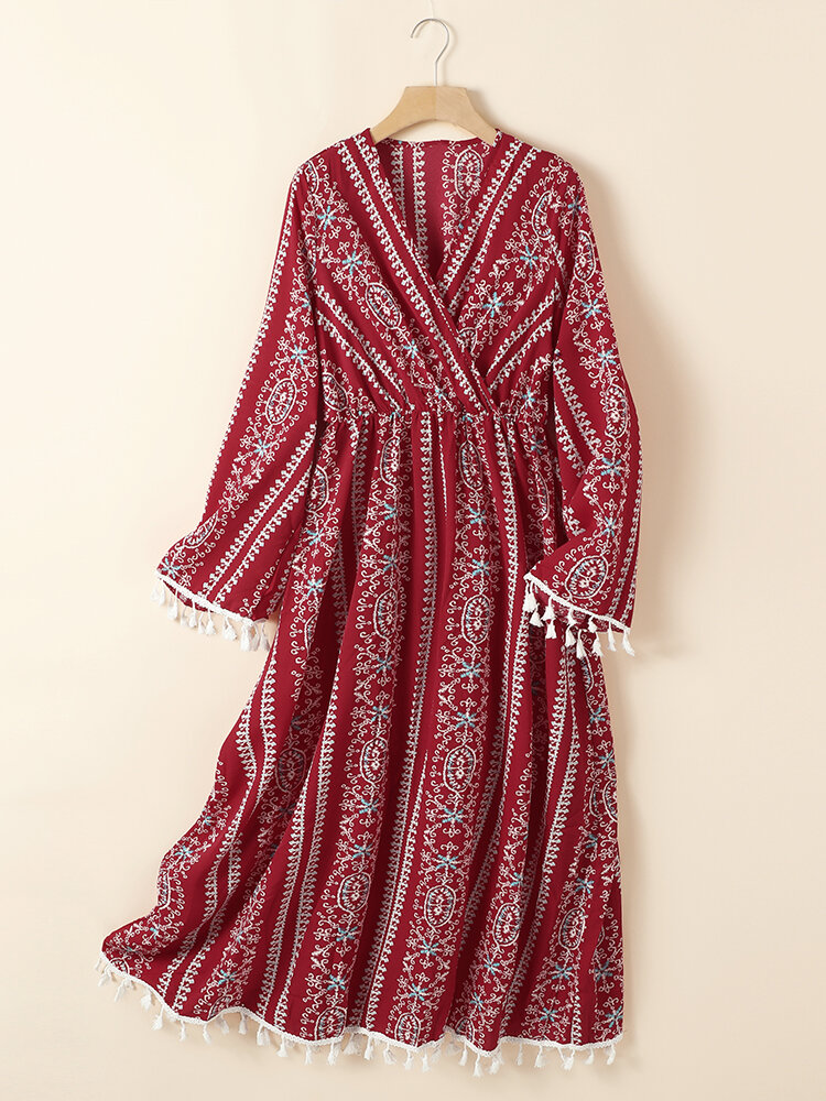 Bohemian Tribal Print Tassel Long Sleeve Wrap V-neck Dress