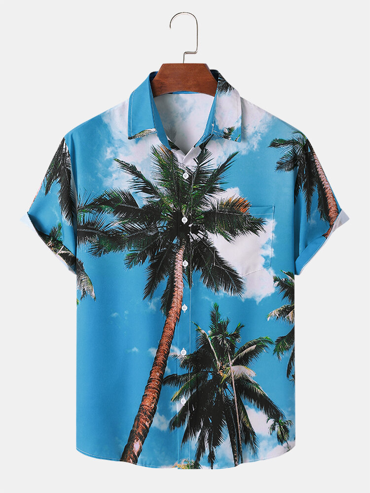 

Men Palm Tree Print Hawaii Style Graceful Leisure All Matched Skin Friendly Shirts, Blue