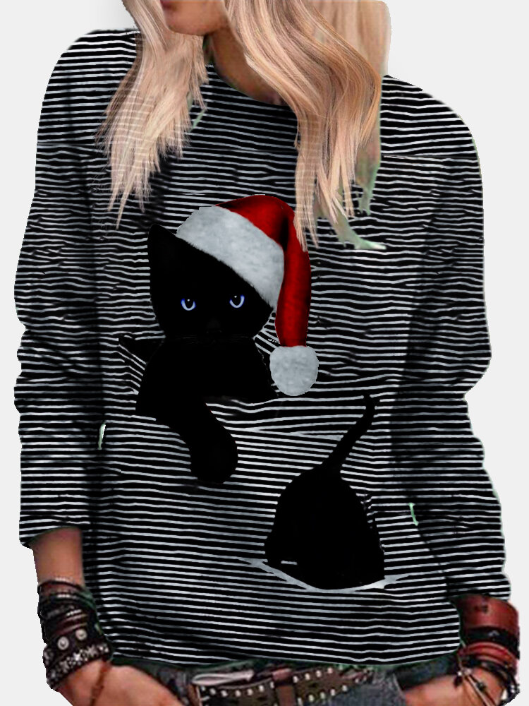 Christmas Cat Print Striped O-neck Long Sleeve Sweatshirt