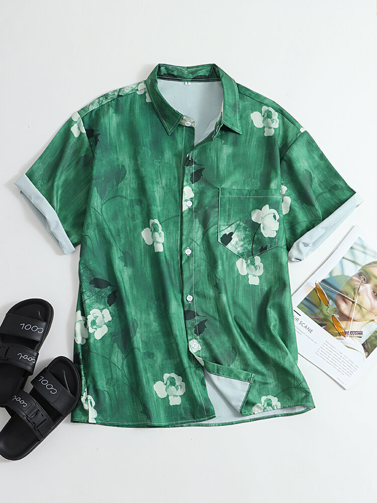 Lapela de manga curta com estampa de flores tie-dye bolso botão solto Camisa