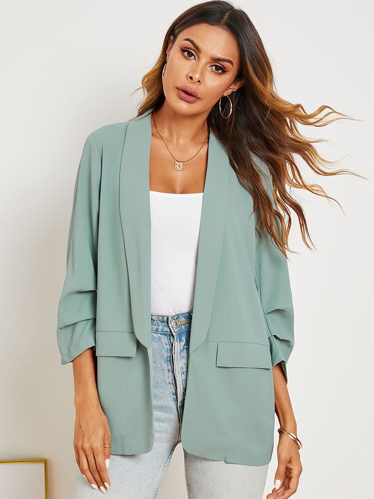 Solid Color 3/4 Length Ruffle Sleeve Casual Blazer For Women