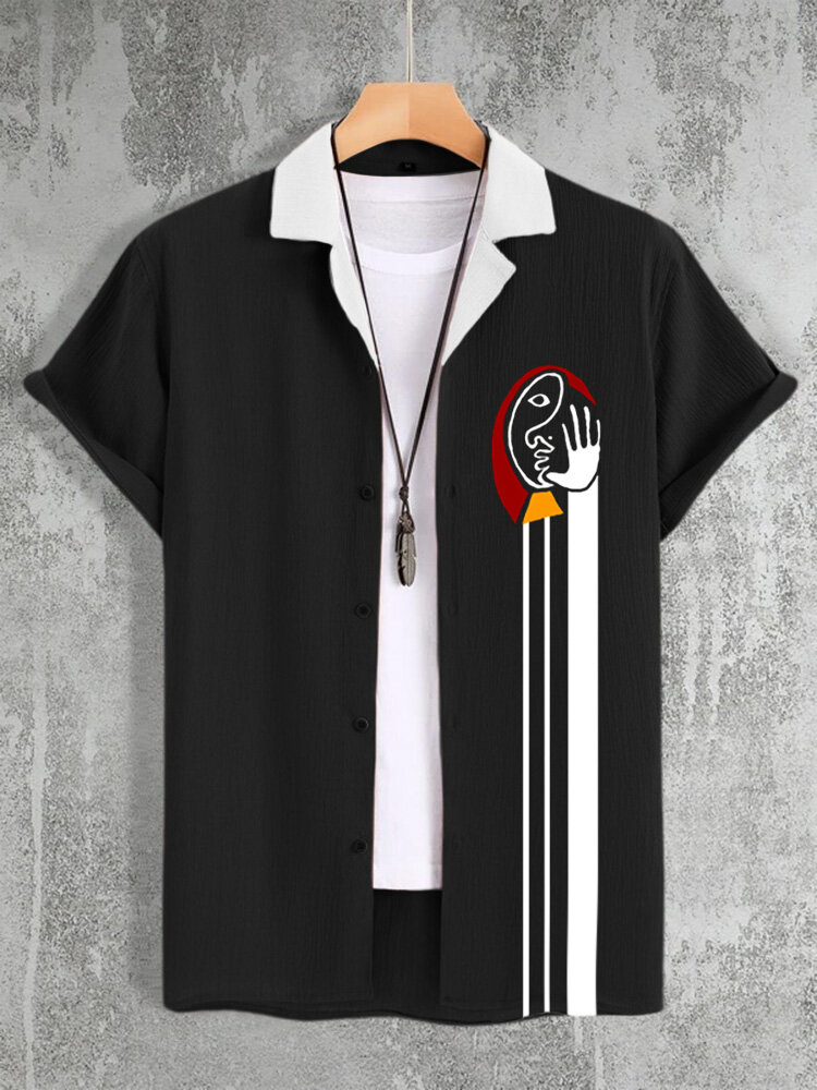 

Mens Abstract Hand Striped Print Revere Collar Short Sleeve Shirts, Black