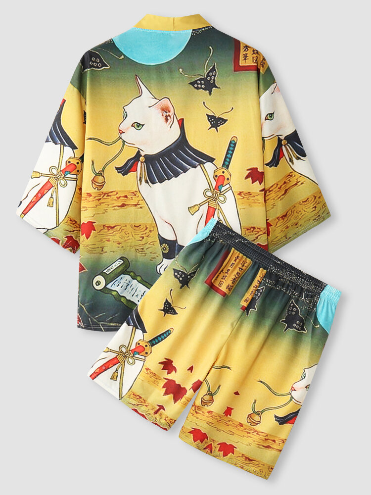 Mens Japanese Style Cat Print Open Front Kimono Short Two Pieces Outfits