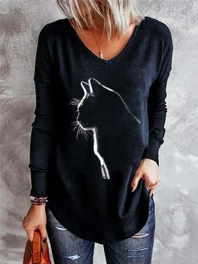 Женская повседневная футболка с длинным рукавом и v-образным вырезом с принтом Кот
