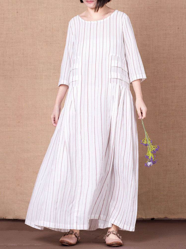 Cotton Linen Loose Thin Striped Dress