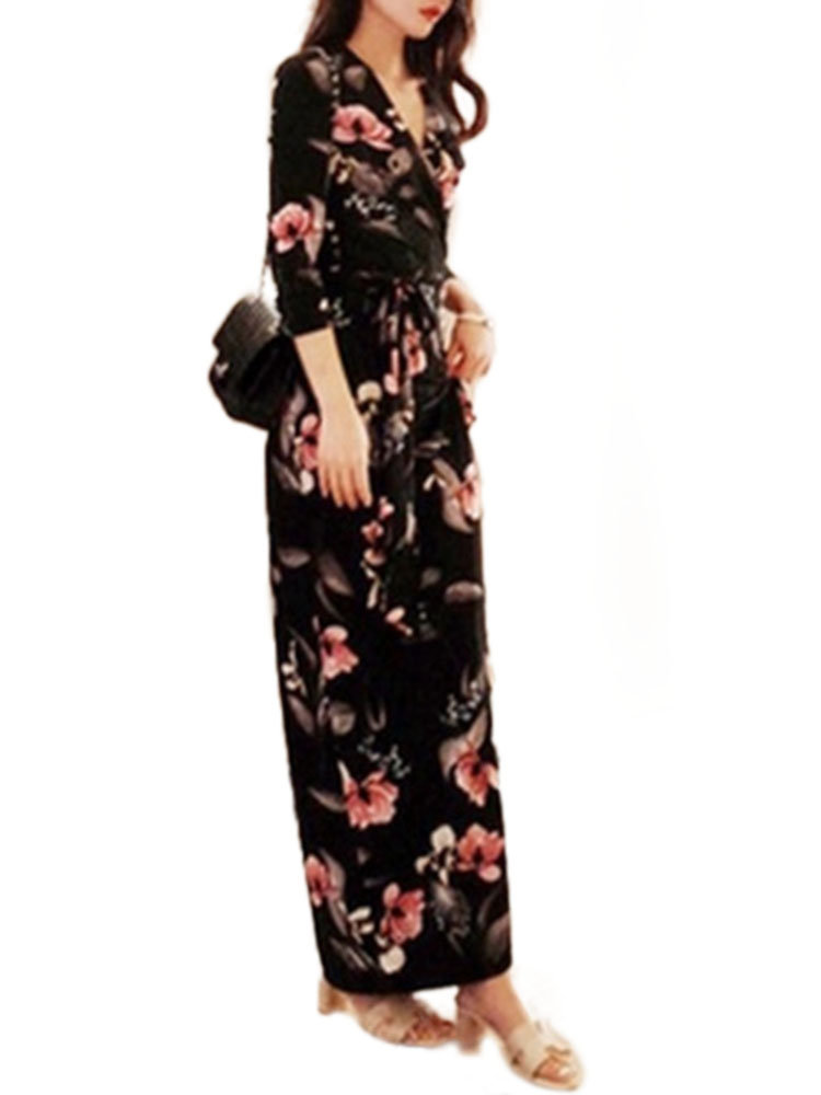 Floral Long Wrap Skirt V-neck Slim Printed Dress