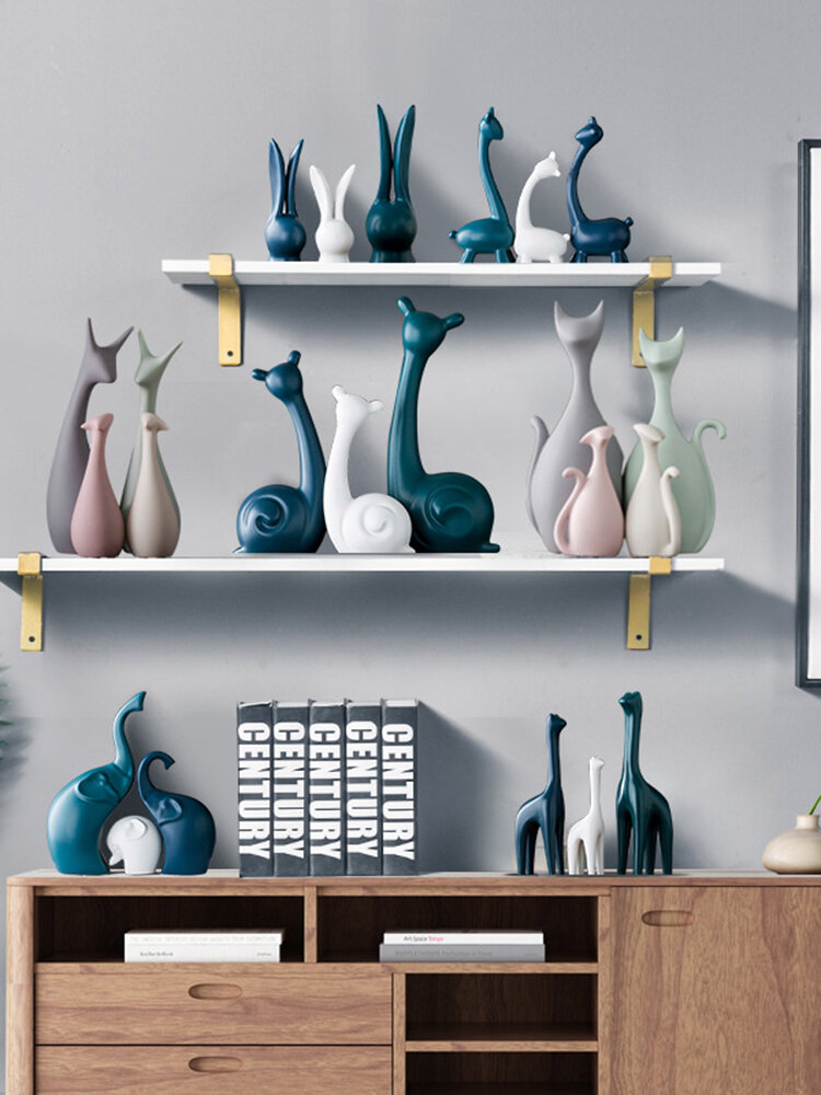 Nordic White Blue Ceramic Figurines Home Decoration Crafts Livingroom Desktop Animal Ornaments