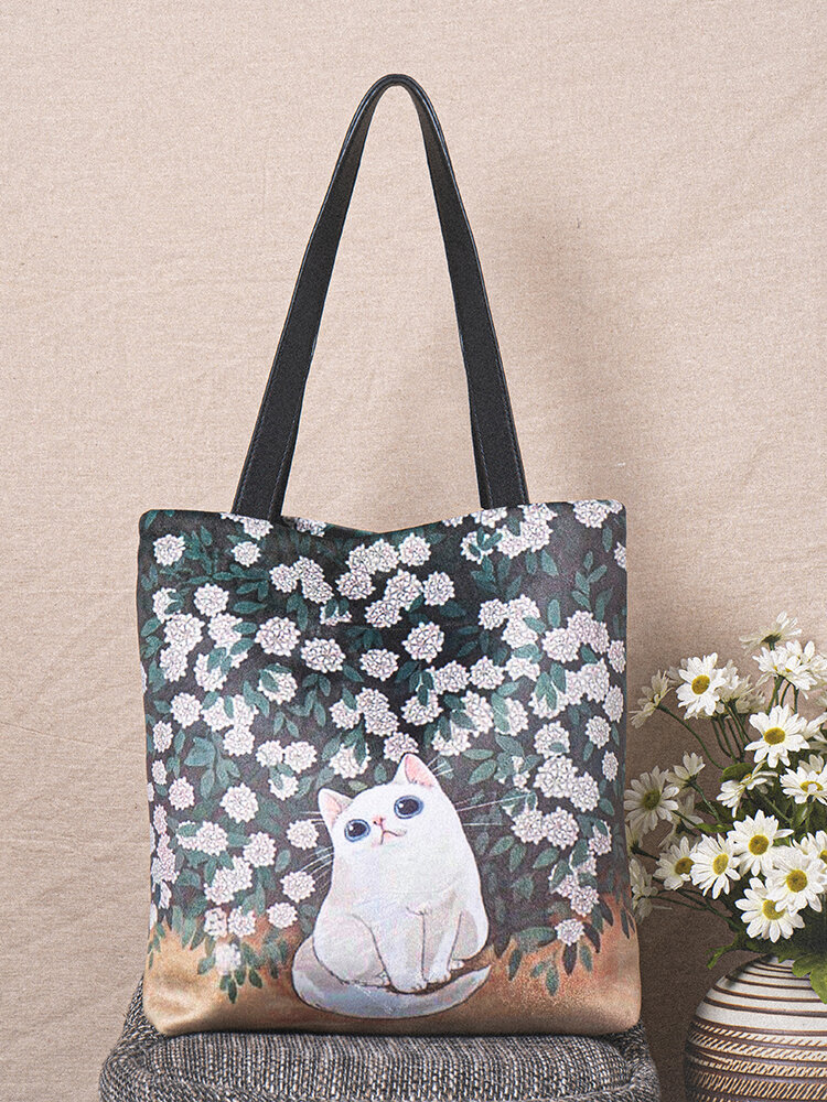 Women Cat Floral Pattern Print Shoulder Bag Handbag Tote
