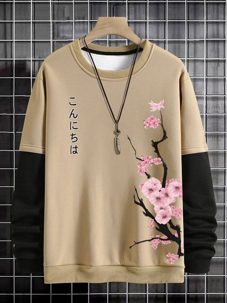 

Mens Japanese Cherry Blossoms Print Contrast Patchwork Pullover Sweatshirts Winter, Khaki