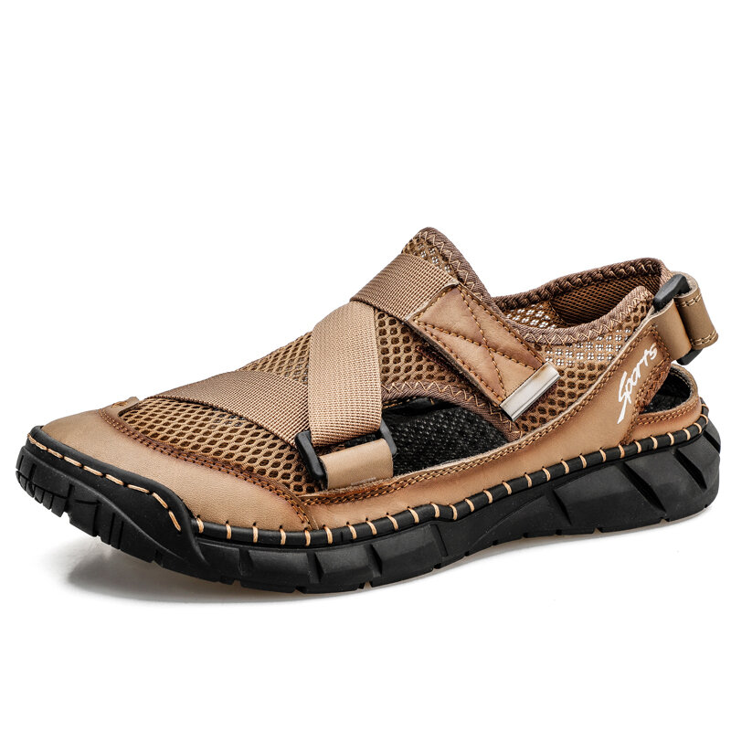 Men Hand Stitching Leather Mesh Splicing Non Slip Casual Sandals