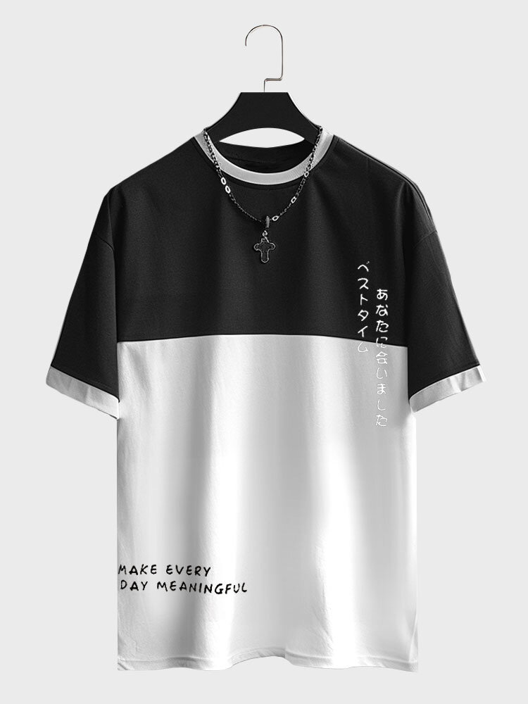 Herren-T-Shirts mit japanischem Slogan-Print und Patchwork, Rundhalsausschnitt, kurzärmelig