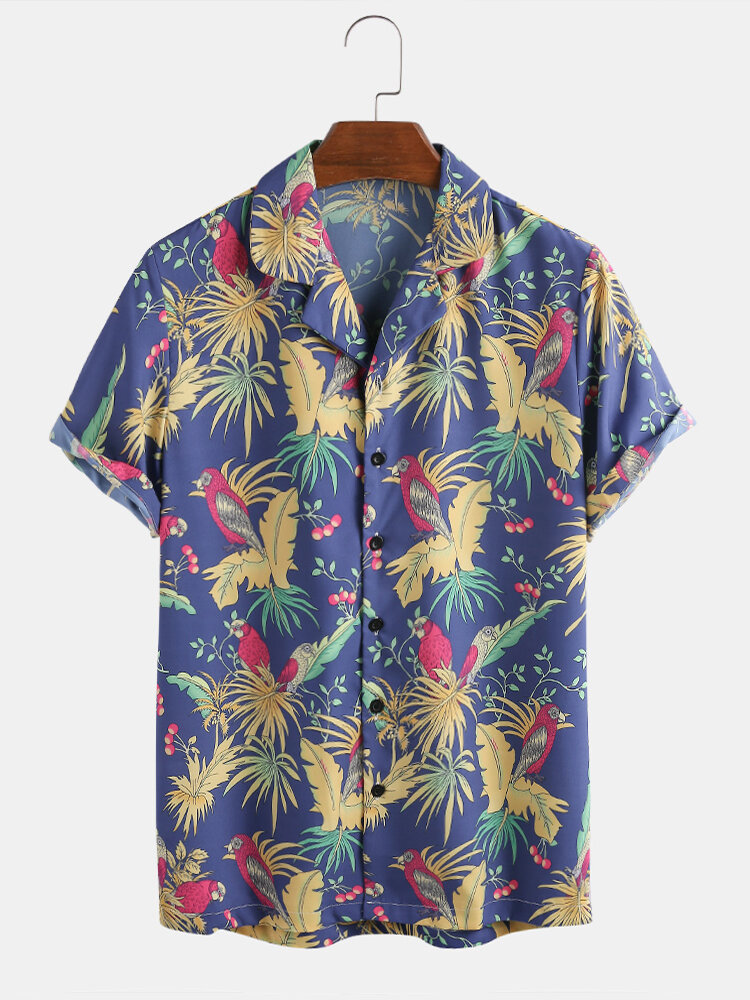 Mens Tropical Floral Forest Parrot Print Short Sleeve Shirts