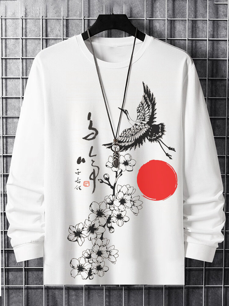 Mens Chinese Crane Floral Print Crew Neck Long Sleeve T-Shirts Winter