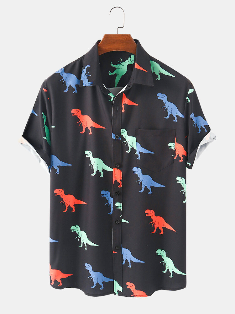 Mens Colorful Cartoon Dinosaur Print Breathable Light Short Sleeve Shirts