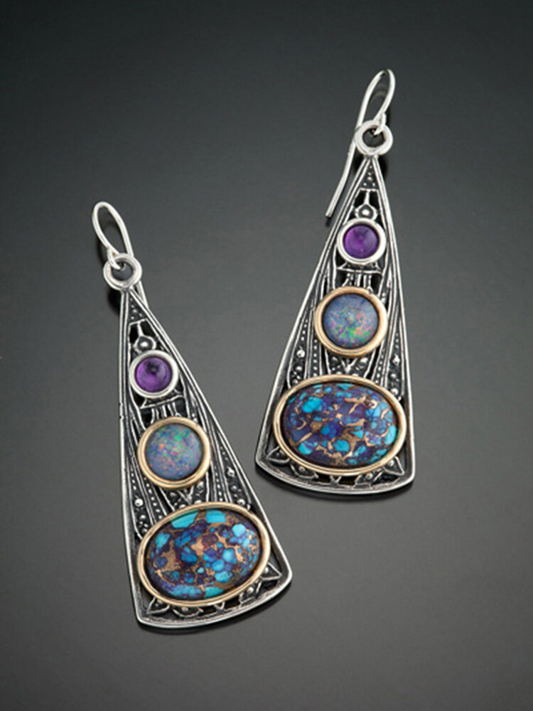 Vintage Hollow Triangle Earrings Two-Tone Amethyst Opal Pendant Earrings