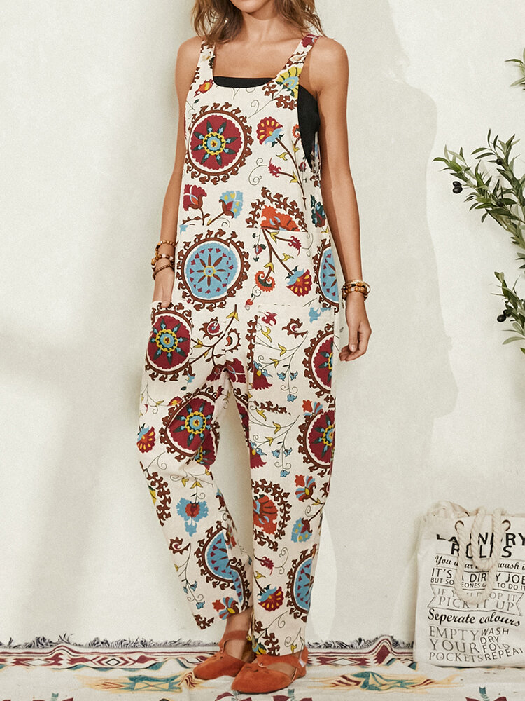 Ethnic Print Pocket Sleeveless Casual Jumpsuit for Women
