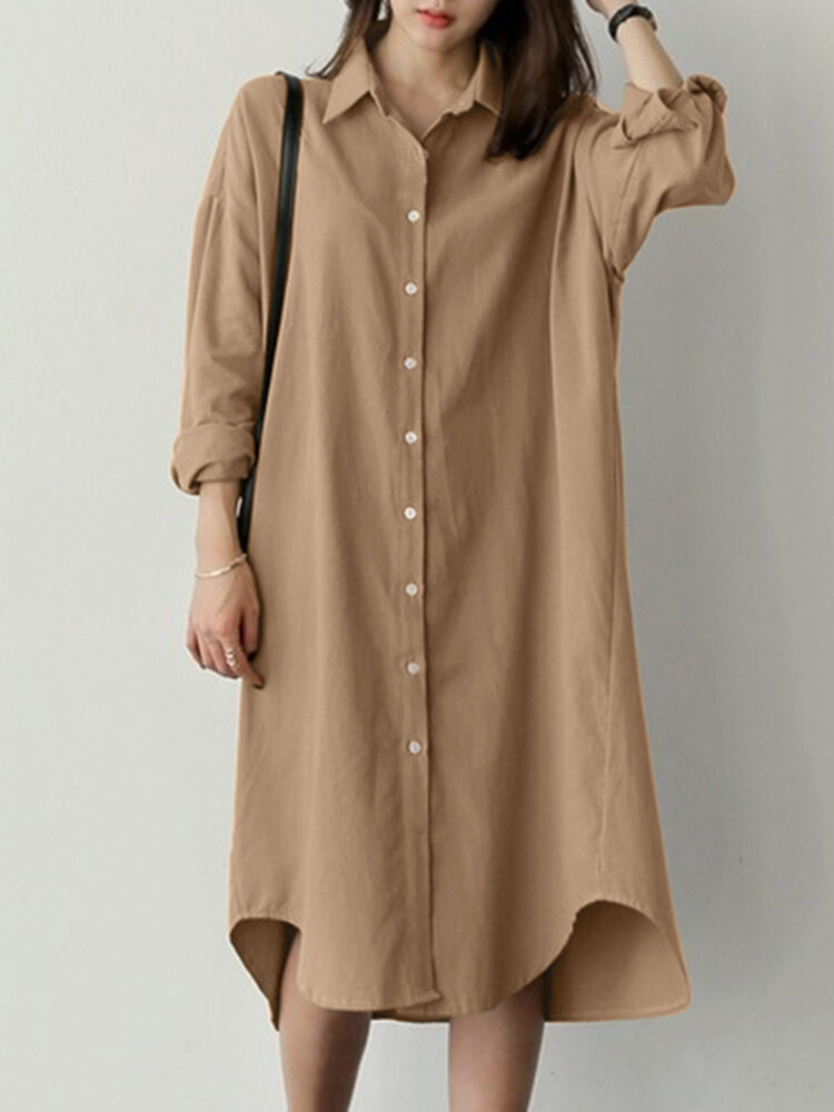 Solid Long Sleeve Button Lapel Casual Shirt Dress