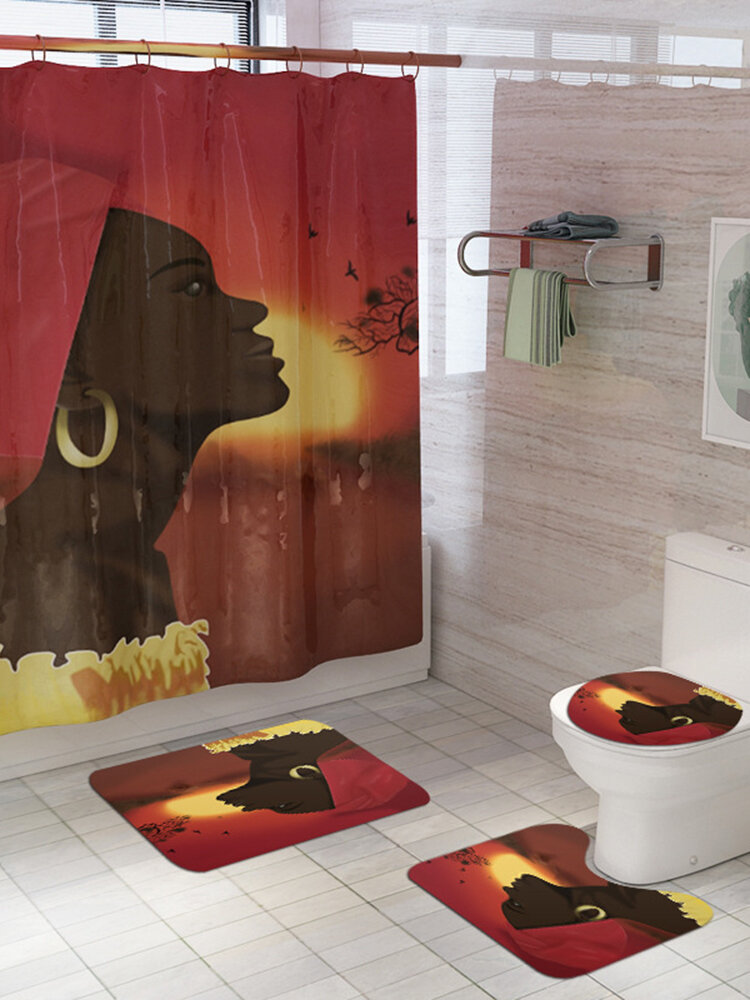 4Pcs/Set Carpet Bathroom Foot Pad African Woman Bath Mat and Shower Curtain Set PVC Toilet Toilet Seat Covers Home Decor