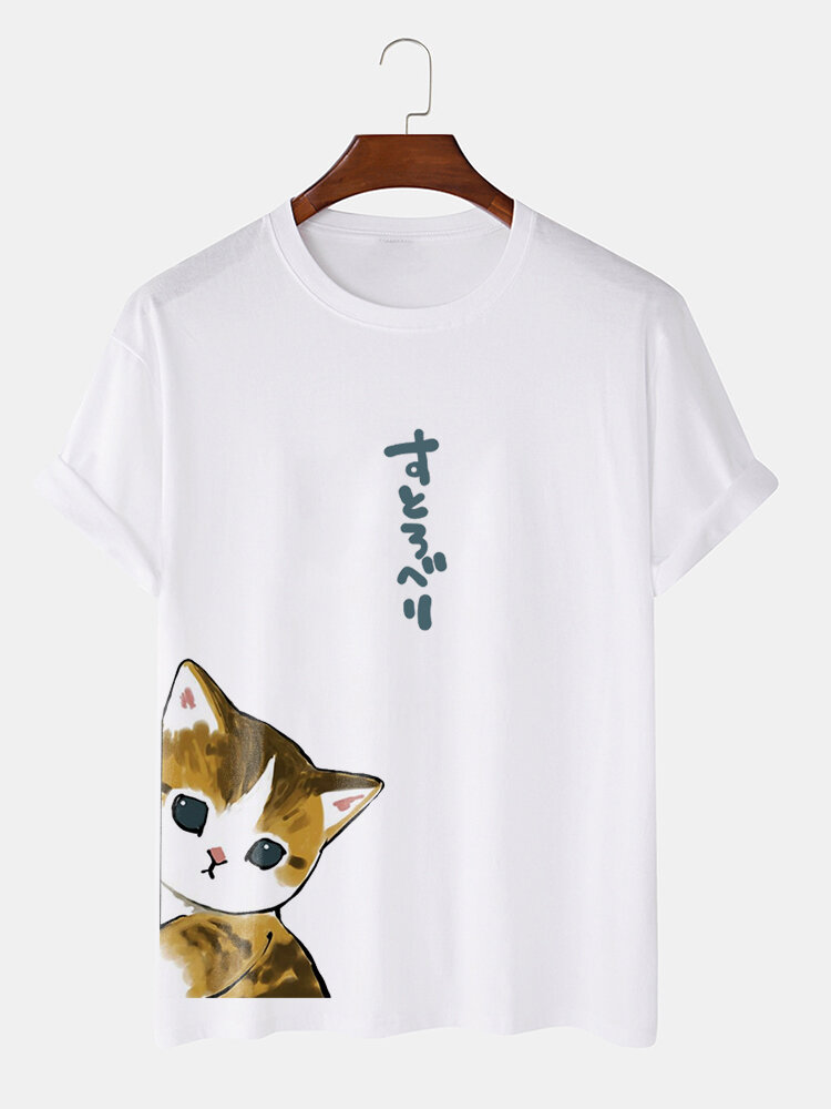 T-shirt a maniche corte in cotone da uomo con stampa di gatti cartoni animati giapponesi Collo