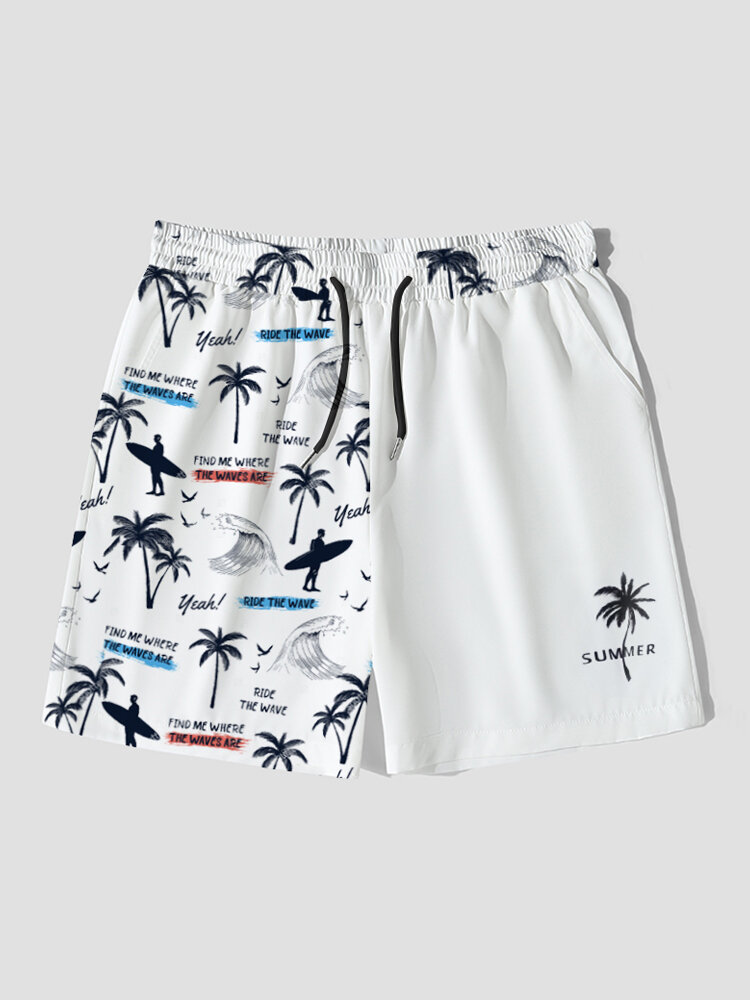 

Mens Coconut Tree Print Patchwork Hawaiian Vacation Drawstring Shorts, White