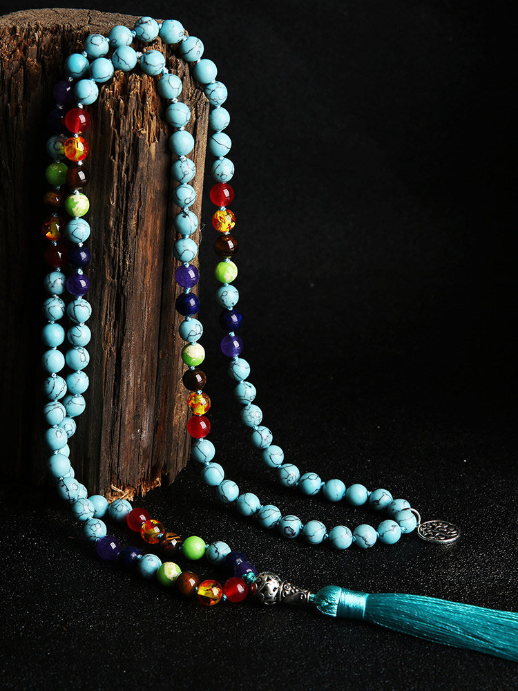 Vintage Tree Of Life Tassel Pendant Colorful Handmade Beaded Alloy Natural Semi-precious Stones Long Necklace
