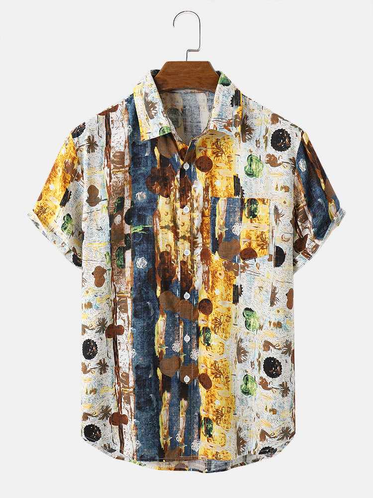 Mens All Over Abstract Plant Print Cotton Holiday Short Sleeve Shirts