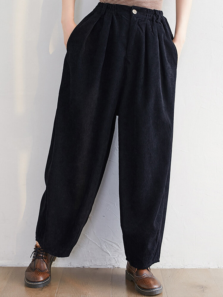 Corduroy Elastic Waist Casual Pants With Pocket For Women