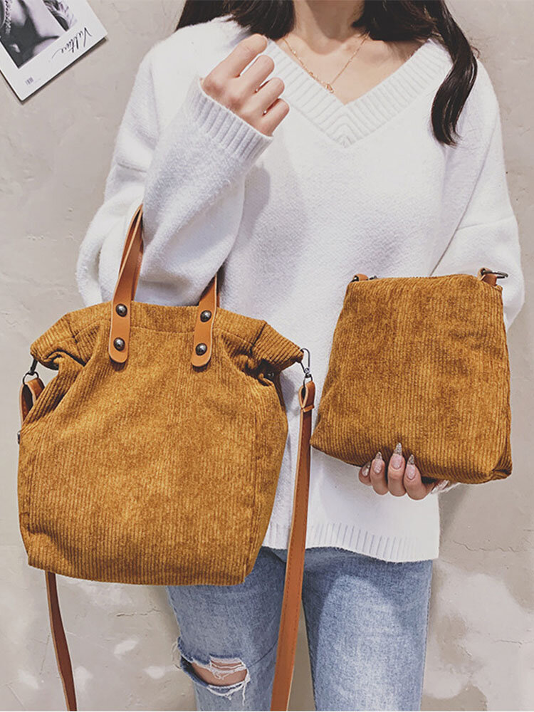 2 PCS A Set Smooth Comfy Corduroy Tote Stitch Detail Strengthen Strap Magnetic Clasp Crossbody Bag