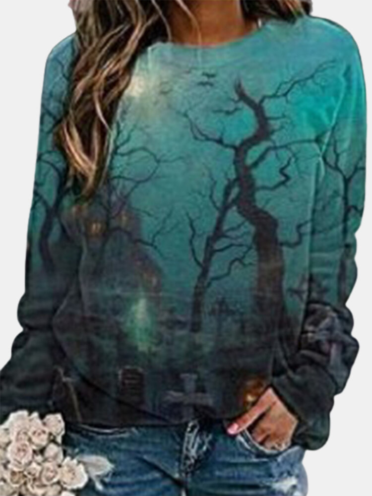 

Halloween Print Long Sleeves O-neck Casual Sweatshirts For Women, As picture