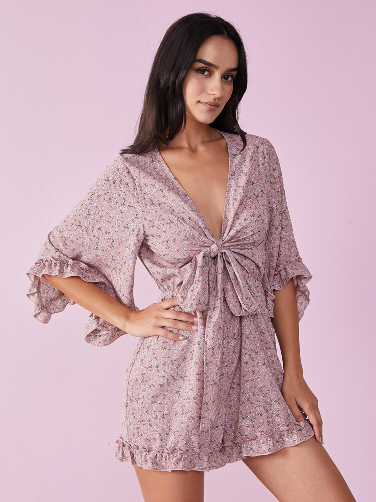 Floral Print Tie Front Bell Sleeve Ruffle Trim V-neck Romper